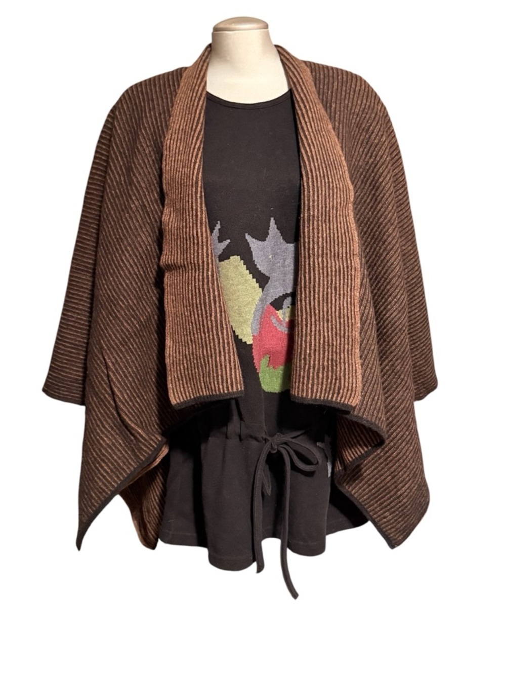 Maria Paola Calugi Ribbed Brown Knit Wrap Poncho Italy - Picture 2 of 6